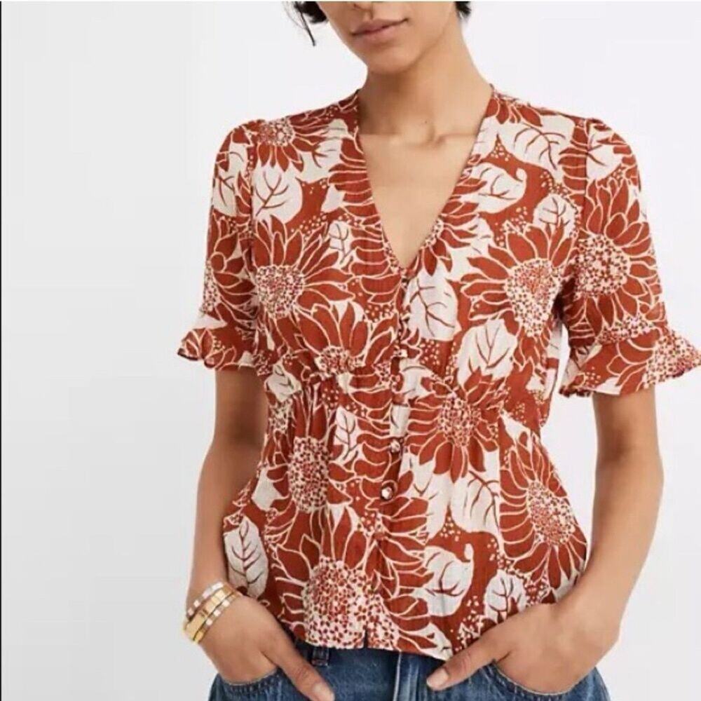 Madewell Rust Floral Silk V-Neck Ruffle Sleeve Blouse